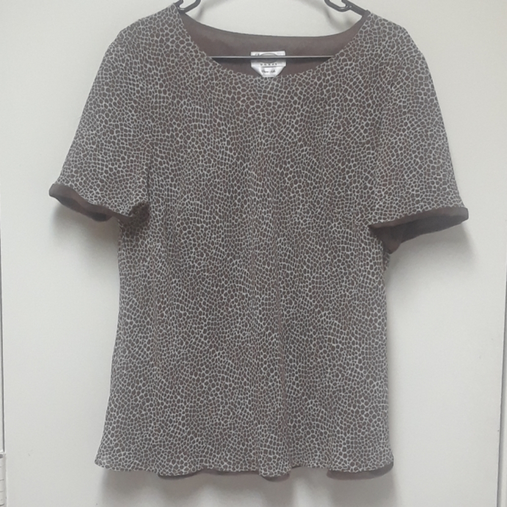 Talbots Brown and Cream Micro-Print Short Sleeve Blouse